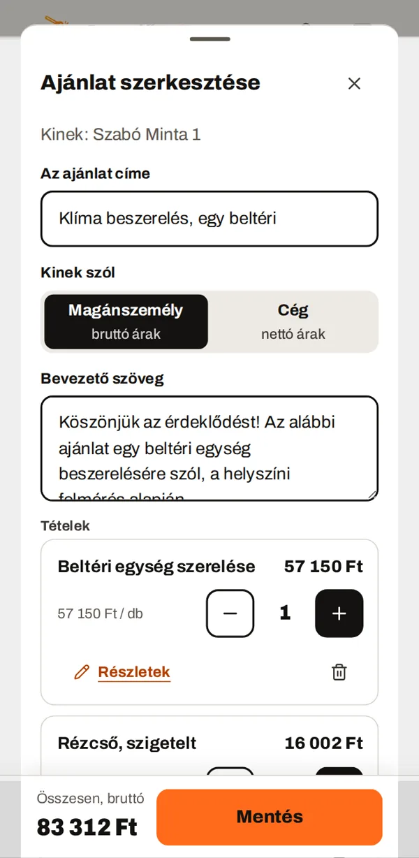 Ajánlat szerkesztése telefonon: tételek az árlistából, alul az összesen